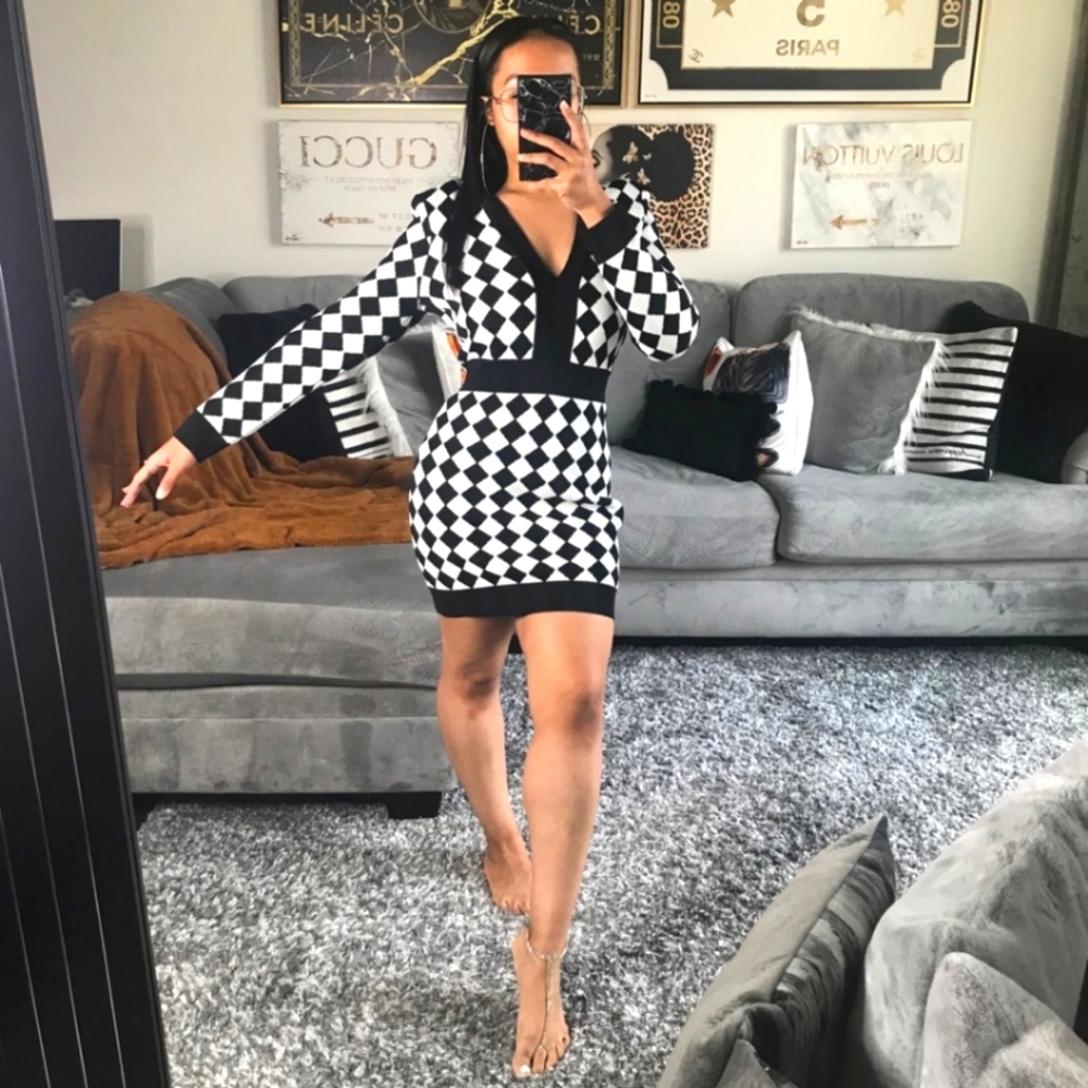 New Balmain Two-Tone Intarsia-Knit Mini Dress
